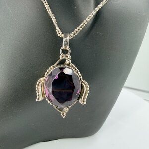 Vintage Bali Sterling Silver 925 Large Oval Amethyst Pendant Necklace